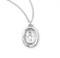 Sterling Silver Oval shaped double sided miraculous medal pendant with scalloped edging. Miraculous Medal comes on an 18" genuine rhodium plated curb chain. Dimensions: 0.7" x 0.5" (18mm x 12mm). Deluxe velour gift box. Made in the USA