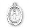 Sterling Silver Oval shaped double sided miraculous medal pendant with scalloped edging. Miraculous Medal comes on an 18" genuine rhodium plated curb chain. Dimensions: 0.7" x 0.5" (18mm x 12mm). Deluxe velour gift box. Made in the USA