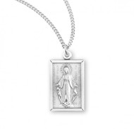 1.0" x 0.7" Miraculous Medal Rectangular Pendant.  This sterling silver medal comes on an 18" genuine rhodium plated endless curb chain. Medal comes in a deluxe velour gift box. Made in the USA.