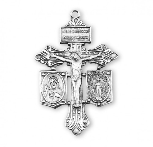 Solid .925 Sterling Silver Pardon Crucifix. The Sterling Silver Pardon Crucifix comes with 24" genuine rhodium endless chain. Granted by Pope Pius X, the Pardon Crucifix is worn to obtain the pardon of God for one's neighbor and loved ones. Dimensions: 2.1" x 1.3" (52mm x 34mm). Deluxe velvet gift box included. Made in USA.
