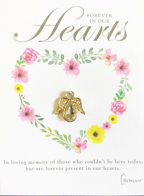 Bereavenent Angel Pin.  "In loving memory of those who could't be here today, but are forever present in our hearts." The Bereavement Angel Pin is made of metal and glass.