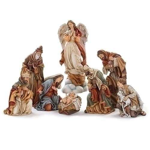 7 Piece Nativity. The Nativity Set is made of a polyresin material. The Nativity's tallest piece is the Angel on a Cloud at 17" (132660) and is SOLD SEPARATELY. The Three Wise Men, a Shepherd and the Holy Family. 