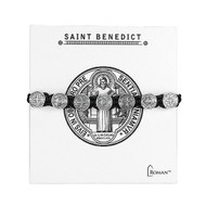 St Benedict Medal in a Woven Slide Knot Bracelet. 7" St. Benedict Medal bracelet has a slide knot and has silver medal beads. Medals are zinc alloy and lead free. 
