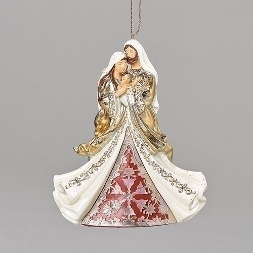 4.75" Laser Cut Holy Family Ornament in silvers and golds. Laser Cut Holy Family Ornament measures: 4.72"H x 1.97"W x 4.3"L. Ornament is made of a resin/stone mix. 