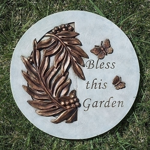 "Bless This Garden" Stepping Stone.  This "Bless This Garden" Round Stepping Stone is 9"H. The stepping stone is adorned with flowers and the words "Bless this Garden" is written on the  stepping stone. Stepping Stone is adorned with leaves adn a butterfly.