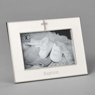 Baptismal Frame with Cross.  Baptismal Frame is made of a zinc alloy and is lead free.  The Baptism Frame with Cross is 6"H. There is a cross at the top and the word Baptism across the bottom. The baptism frame holds a 4"x 6" photo