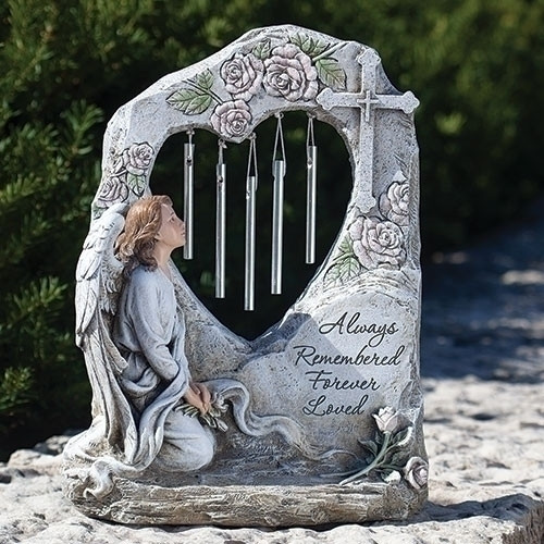 Memorial Angel Garden Chime. The Memorial Angel Garden Chimes are made of a resin/stone mix. Written on the front of the chimes is; "Always Remembered, Forever Loved."  The dimensions are: 11.25"H X 8.75"W X 4.25"L.  