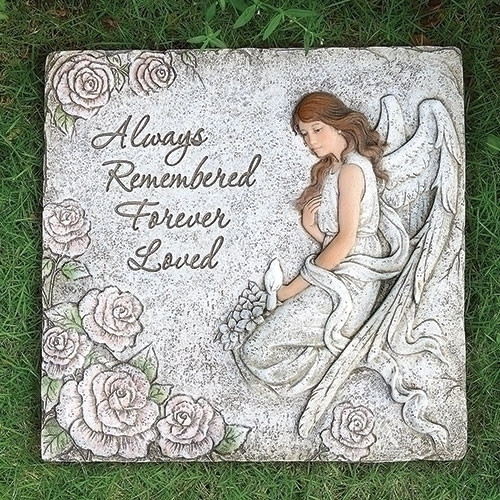 "Always Remember, Always Loved" Garden Angel Stepping Stone.  This Memorial  Square Stepping Stone is11.5" x 11.5". The stepping stone is adorned with an angel, flowers and a bird.
