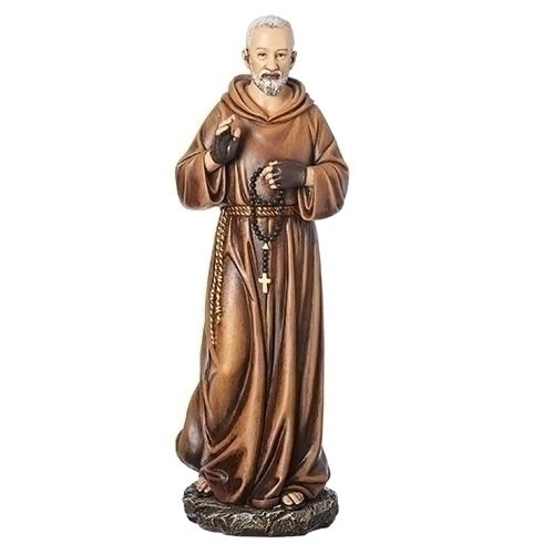 Beautifully detailed 10inH figure of Saint Padre Pio. Padre Pio is the Patron Saint of the Sick. Dimensions: 10.25"H. Made of a resin/stone mix. 