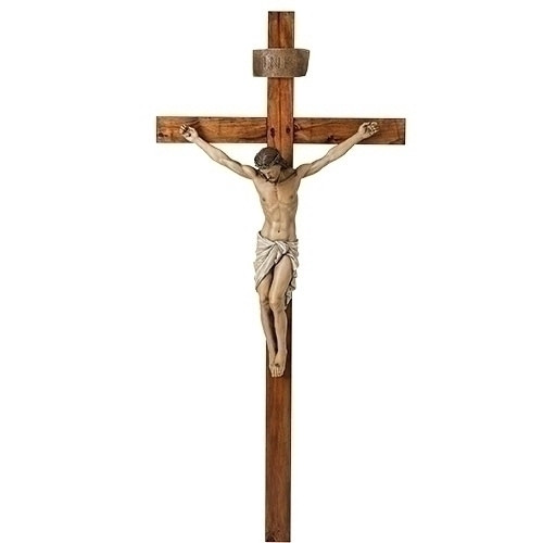 Crucifix, 72inH with 34inH Corpus. This 72"H crucifix is made of a wood/resin/stone mix. Dimensions of the Cross are: 72"H x 33"W x 8"D.  Cross weighs: 23 lbs.