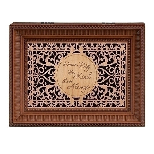 "Dream Big, Be Kind, Love Always" Wood Cut Laser Music Box. Music Box plays Hungarian tunes.  Measurement: 8"L X 6.125"W X 2.75"H. Made of Plastic and Metal
