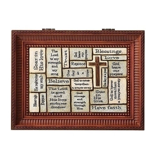 Crossword Brown Music Box. Great Confirmation gift!! Lid of the box has words of Faith written on it. Music Box plays How Great Thou Art.  Measurement: 3"H x 6"W x 8"D. Made of Plastic and Metal