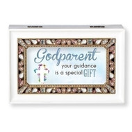 White Jeweled Godparent Music Box   The lid has the words "Godparent your guidance is a gift."  Music Box plays "What a Friend We Have in Jesus." Measurement: 6.125"L X 4"W X 2.625"H. Made of Plastic and Metal