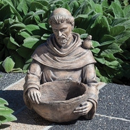 19"H St. Francis Bird Bath. This resin/stone mix St. Francis Bird Bath will be a lovely addition to any garden. Dimensions are: 19"H X 14"L