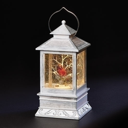 Image of the Swirl Grey Lantern with Cardinal Ornament lit up with LED lights.