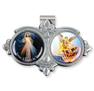 Auto VIsor Clip. Pewter Auto Visor Clip depicts the images of Divine Mercy and St. Michael.  Measures: 3 x 1 3/4.