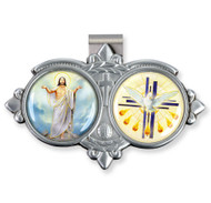 Auto Visor Clip. Pewter Auto Visor Clip depicts the images of the Risen Christ and the Holy Spirit.  Measures: 3 x  1 3/4.