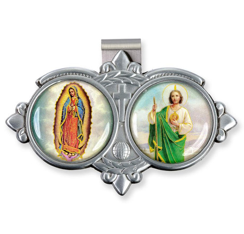Auto VIsor Clip. Pewter Auto Visor Clip depicts the images of OL of Guadalupe and St. Jude.   Measures: 3 x  1 3/4.