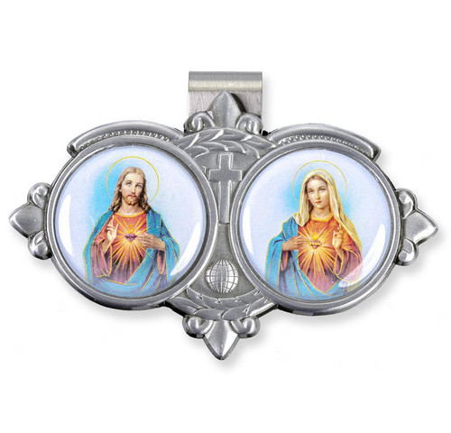 Auto Visor Clip. Pewter Auto Visor Clip depicts the images of Sacred Heart of Jesus and Mary. Measures: 3 x  1 3/4.