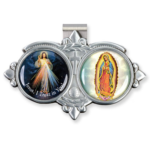 Auto Visor Clip. Pewter Auto Visor Clip depicts the images of Divine Mecy and OL of Guadalupe. Measures: 3 x  1 3/4.