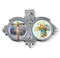 Auto VIsor Clip. Pewter Auto Visor Clip depicts the images of the Crucifixion and St. Christopher.  Auto visor measures: 3" x  1 3/4"H.