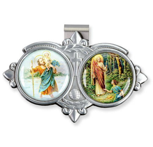 Auto VIsor Clip. Pewter Auto Visor Clip depicts the images of St Christopher and the Archangel Raphael.  Auto visor measures: 3" x  1 3/4"H.