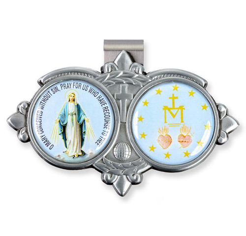 Auto VIsor Clip. Pewter Auto Visor Clip depicts the images of the Blessed Mother and the Miraculous Medal Auto visor measures: 3" x  1 3/4"H.