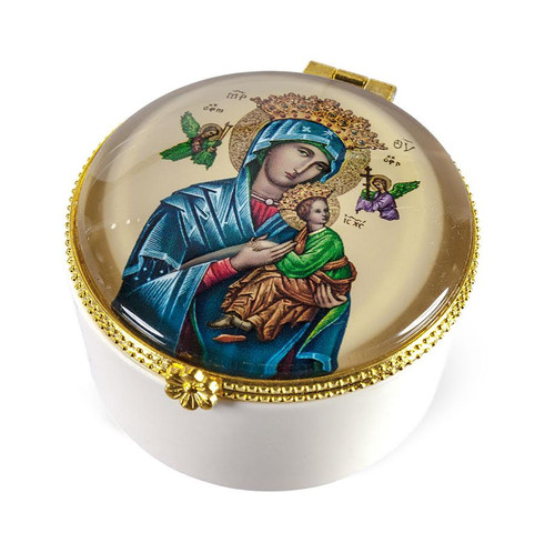 Ceramic Rosary/Keepsake Box.  Rosary or Keepsake Box depicts the image of Our Lady of Perpetual Help. The ceramic rosary keepsake box measures: 2.25"H x  2.25"W.