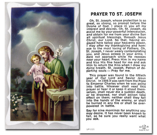 Prayer to St Joseph Holy Card. 2"x4" Paper Holy Card with gold edges.