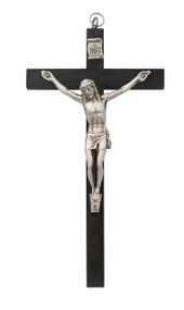 5"  Black Wooden Wall Crucifix with Silver Corpus.  Black wooden wall crucifix comes poly-bagged.