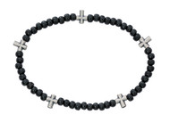 Black wood bead stretch bracelet with intermittent crosses. 