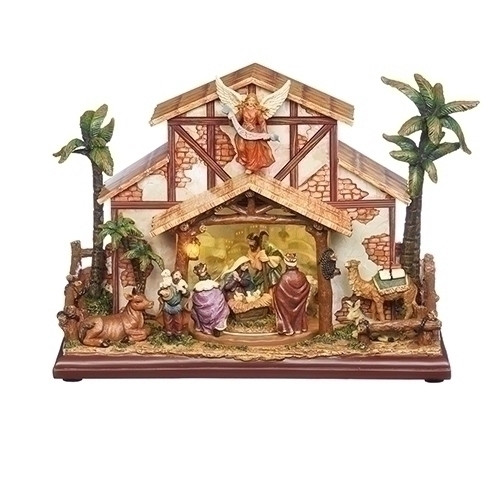 LED nativity set with the three wise men and an Angel above the barn. 