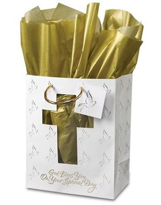 Medium "God Bless You on Your Special Day" Gift Bag. Unique cross cut-out design on our elegant gift bag is complete with metallic gold tissue and dove gift tag; allover dove design; God bless you on your special day. Ideal for Confirmation gifts, First Communion Gifts, or any other Christian gift giving occasion. Suitable for software, frame, clock, tee shirt, Bible, journal, books, or an assortment of smaller gifts.
Medium Gift Bag dimensions: 9.75" x 7.75" x 4.75"
Large Gift Bag dimensions: 13" x 10" x 5.5";

 