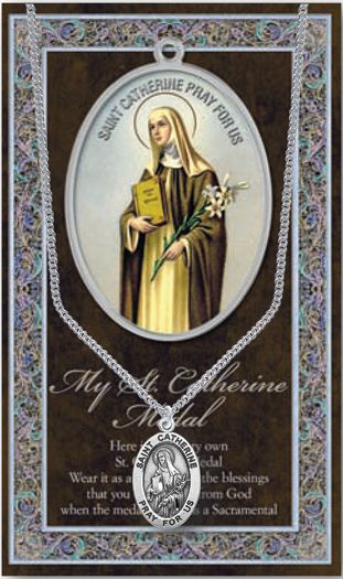 St Catherine Pewter Pendant. The St. Catherine 1.125" Genuine Pewter Saint Medal comes on a Stainless Steel Chain. Silver Embossed Pamphlet with Patron Saint Information and Prayer Included. Lists Biography/History of Saint Catherine. Gives the Patron Attributes, Feast Day and Appropriate Prayer. (3.25"x 5.5")

 