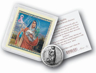 Saint Agatha (Breast Cancer) Pocket Coin with Gold Stamped Holy Card. St Agatha Pocket Medal comes packaged in a clear soft pouch that measures  3" x 3"