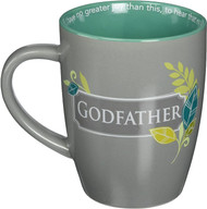 Godfather Thank You Mug. The Godfather Thank you mug has a cross with leaves and athe words "Thank you, Godfather, for being a loving example of a living faith."  The scripture on the rim of cup reads; "I have no greater joy than this, to hear that my children are walking in the truth. ~ 3 John 1:4. Mug stands 4.13"H and hold 12 ounces. It is microwavable and dishwasher safe. The Godfather Thank You mug has a matte finish on the outside with a glossy inside.