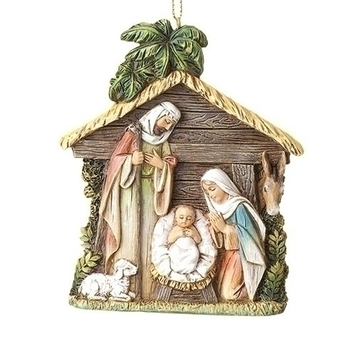This beautiful and detailed ornament features the Holy family in a stable. Add this ornament to your Christmas tree for a festive and meaningful touch.

Details:

Made with a resin/stone mix
Features Holy family in a stable and barn animals
Dimensions: 4”H x 3.375”W x 0.5”D
This beautifully designed ornament brings more meaning to your Christmas tree decorations and helps us remember the reason for the seasons. Add this ornament to your tree this year and be sure to shop our other Christmas ornaments and figurines today!