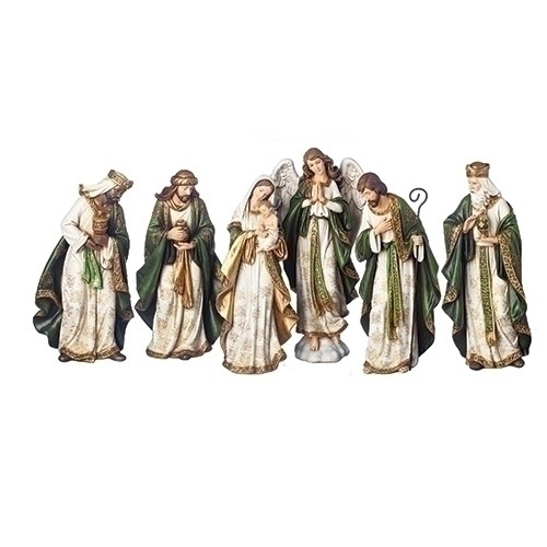 This 6 piece Nativity is made of Olive and Gold tones. The pieces measure 13.5"H. The 6 piece 13.5"H nativity pieces are made of a polyresin material.
