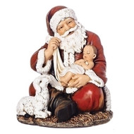 6"H Sitting Santa with Baby. There is also a baby lamb sitting at Sitting Santa's side. Sitting Santa with Baby Figure's measurements are 5.88"H 4.75"W 5.5"D. Sitting Santa is made of a resin stone mix