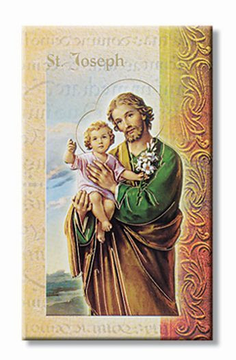 St Joseph Pamphlet. This pamphlet is a 2 page biography of St Joseph.  His name meaning, His patron attributes, Prayers to St Joseph and his Feast Day are all included in the pamphlet. Gold stamped Italian art. 
