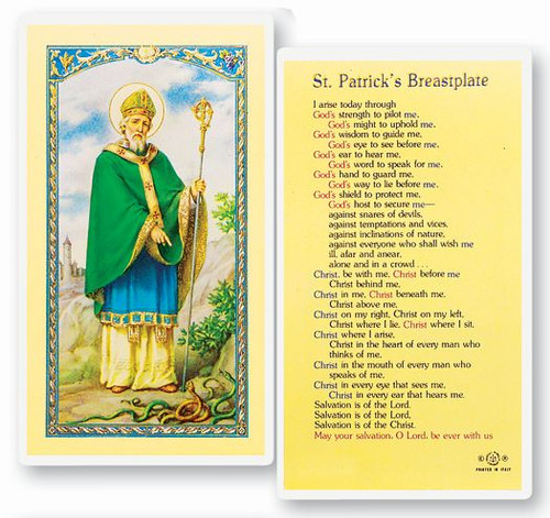 Saint Patrick's Breastplate Laminated Holy Card. Clear, laminated Italian holy card. 

Features World Famous Fratelli-Bonella Artwork. 2.5'' x 4.5''