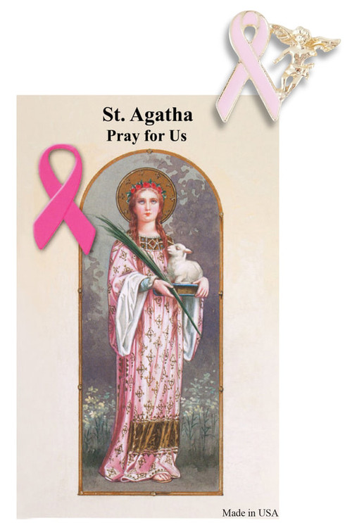 St. Agatha Breast Cancer Prayer Card with Pink Ribbon Angel Lapel Pin