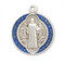 Sterling Silver with Blue Enamel Double Sided St. Benedict Medal.  The St. Benedict Medal comes with a genuine rhodium plated 18" chain in a deluxe velour giftbox.  Dimensions: 0.8" x 0.6" (19mm x 16mm) Comes in a Deluxe velvet gift box. Made in the USA