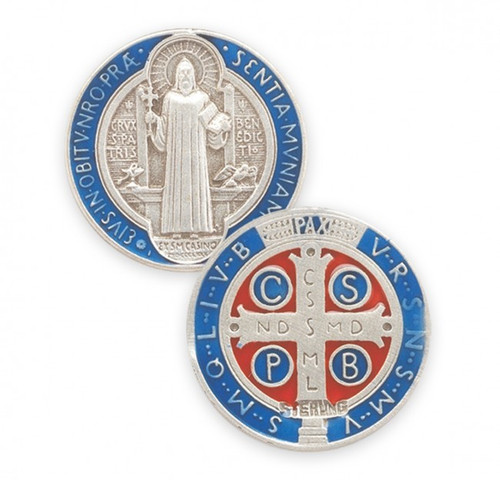 Sterling Silver with Blue Enamel Double Sided St. Benedict Medal.  The St. Benedict Medal comes with a genuine rhodium plated 24" chain in a deluxe velour giftbox.  Dimensions: 1.0" x 0.9" (26mm x 22mm).  Weight of medal: 6.3 Grams.  Sterling Silver St. Benedict Medal comes in a deluxe velvet gift box. Made in the USA