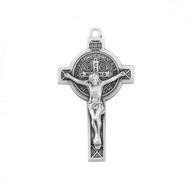 Sterling Silver St. Benedict Scapular Crucifix Medal.  The St. Benedict Medal comes with a genuine rhodium plated 18" chain in a deluxe velour giftbox.  Dimensions:1.3" x 1.0" (33mm x 26mm). Made in the USA