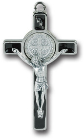 Black Epoxy St. Benedict CrucifixPendant.  3" Epoxy Saint Benedict Cross with Antique Silver Corpus. Leaflet included Made in the USA