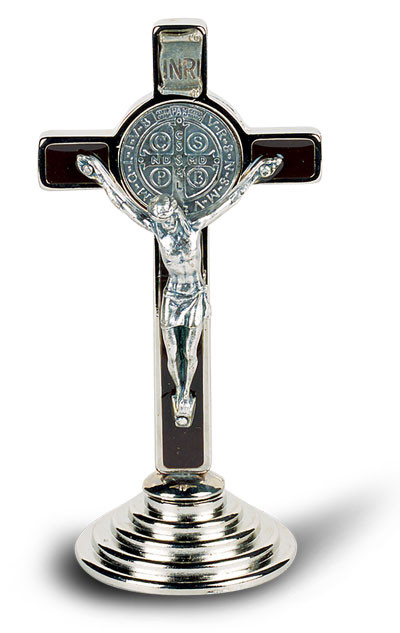3" Saint Benedict Cross on standing Base with Silver Corpus.  Made in the USA