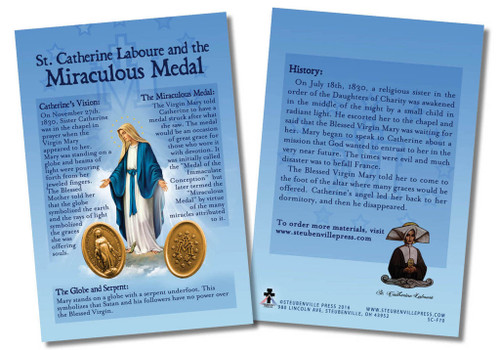 The front of the spiritual aids includes a picture of the Blessed Virgin with stars around her head and grace pouring from her hands and of the front and back of the Miraculous Medal. Around the image and on the back, the card shares information about the "Medal of the Immaculate Conception": St. Catherine Laboure's vision of Mary and Mary's directives for the medal, the symbolism of the globe and the serpent, and the history. May these cards increase one's knowledge of and devotion to Mary through the Miraculous Medal. Immaculate Conception, pray for us!.  Made of 100# cover paper