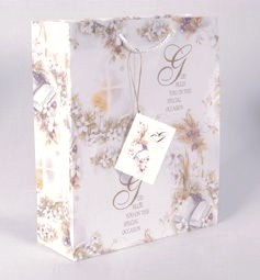 "God Bless You on Your Special Day" Gift Bag. 
Small Gift Bag dimensions: 6.5" x 5.5". 
Medium Bag measures 8.5" x 7." x 4.75"; 