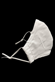 White Cotton Mask with Embroidered Cross. Perfect for First Holy communion. Kids fit ages 4-11, 2-ply 100% Cotton. Pocket filter located at the bottom. Adjustable elastics. Elastic can be removed and replaced. We make NO CLAIMS that these masks will protect you from Covid 19. Use at your own risk. Made in the USA
